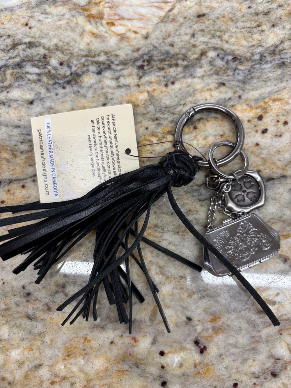Patricia Nash Black Leather Tassel Key & Card Holder with Silver Charms